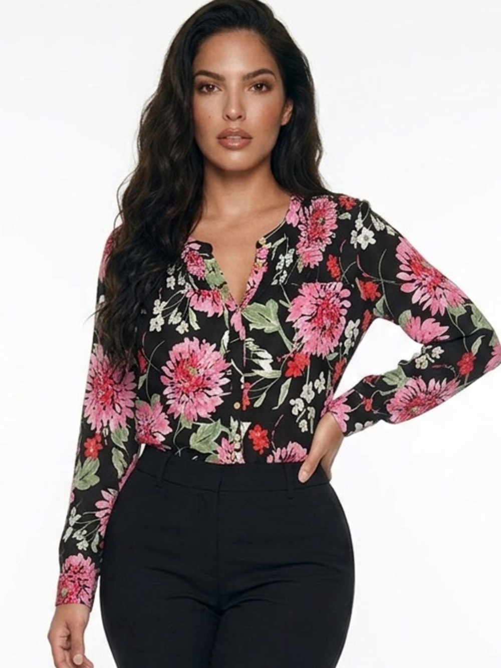 Draper James Black Button-Down Shirt with Pink Floral Print large